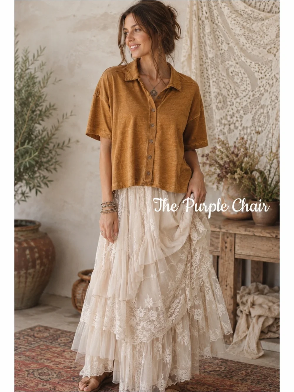 Free People NWT Weekend Rush Short Sleeve Button Down Henley Shirt *Copper M